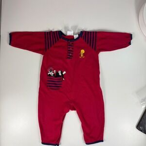 Vintage 1996 Warner Bros Baby Looney Tunes Tweety Sylvester Romper Red 24M